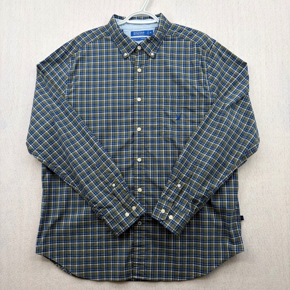 Nautica Blue Sail Mens XL Classic Fit Stretch Plaid Button Down Shirt Green Blue